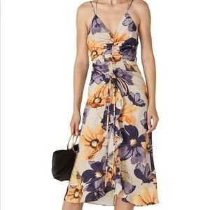 O.P.T. One Pretty Time for Anthropologie purple & peach floral ruched midi dress